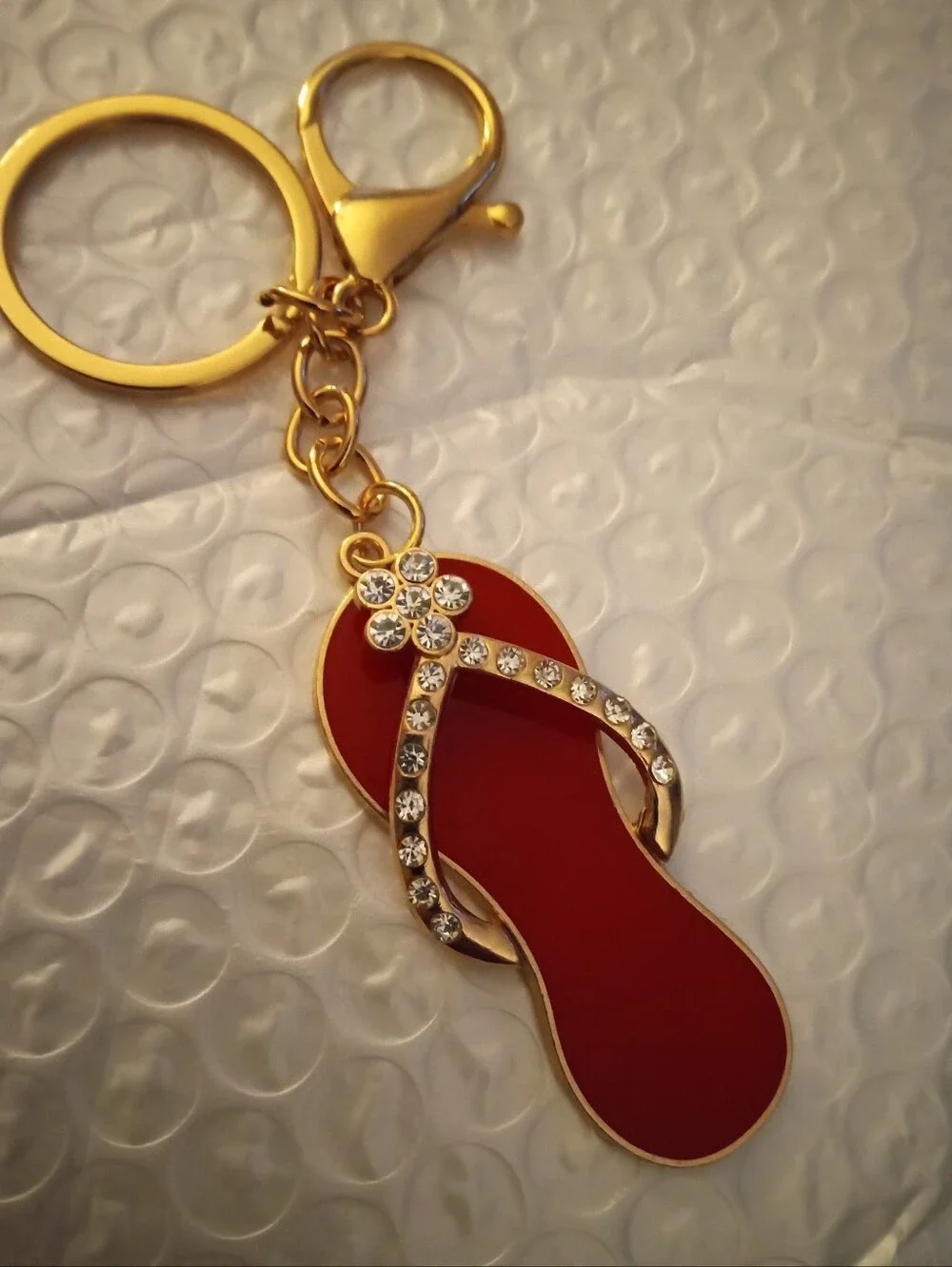 Gold & Red Enameled Rhinestone Flip Flop Keychain 5in